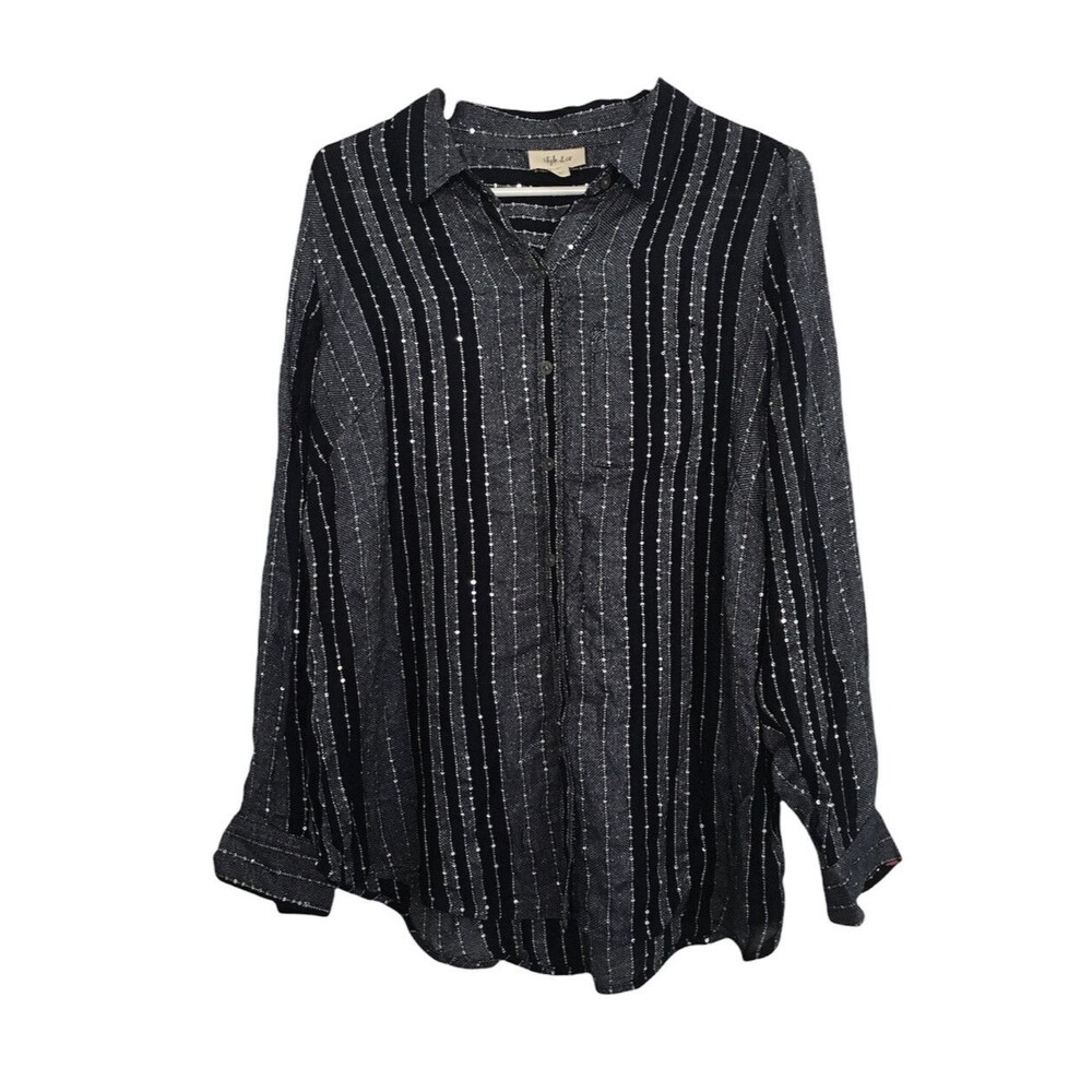 Style & Co Shirt Top Plus Size 0X Long Sleeve Sequin Stripe Button Down Black